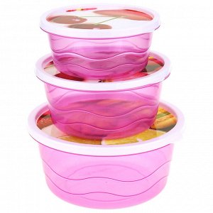 Контейнер для продуктов пластмассовый "Десерт" набор 3 штуки: 1,1л-д15,5см h7,5см; 0,6л-д13см h6,2см; 0,35л-д11,5см h5см, прозрачный, с деколью, цвета микс (Китай)
