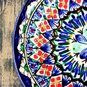 Тарелка Риштанская Керамика "Цветы", синяя, плоская, 15 см