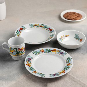 Набор посуды "Аквариум", 4 предмета: тарелка маленькая 20 см, тарелка глубокая 200 мл, миска 350 мл
