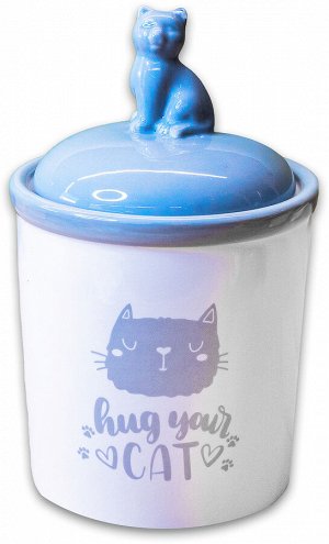 КерамикАрт бокс керамический для хранения корма Hug your cat 1650мл, бело-серая СКИДКА 30%