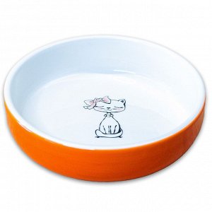 КерамикАрт миска керамическая для кошек "кошка с бантиком" 370 мл, оранжевая