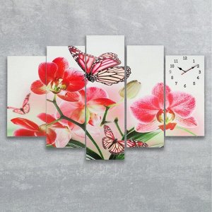 Часы настенные, модульные, серия: Цветы, "Орхидеи и бабочка", 80х140 см