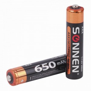 Батарейки аккумуляторные Ni-Mh мизинчиковые КОМПЛЕКТ 2 шт., AAA (HR03) 650 mAh, SONNEN, 454236
