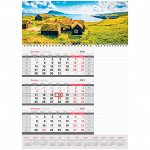 Календарь квартальный 3бл. на 1гр. OfficeSpace Mono &quot;Домик в горах&quot;, с бегун, блок д/заметок, 2021г