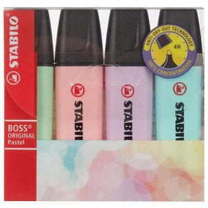 Набор текстовыделителей STABILO 4 шт., "Boss Pastel", ПАСТЕЛЬ АССОРТИ, линия 2-5 мм, 70/4-2