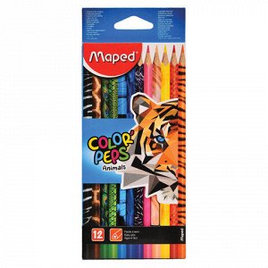 Карандаши цветные MAPED (Франция) "Color'Peps Animals'", 12 цветов, трехгранные, заточенные, европодвес, 832212