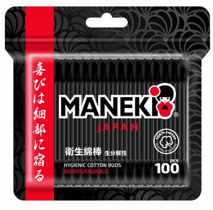 Палочки ватные гигиен. "Maneki" B&W, с черн. бум. стиком и черн. аппл., в zip-пакете, 100 шт./упак