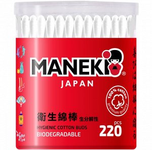 Палочки ватные гигиен. "Maneki" RED, с белым бум. стиком, в пластиковом стакане, 220 шт./упак