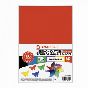 Картон цветной А4 ТОНИРОВАННЫЙ В МАССЕ, 60 листов, 6 цветов, 220 г/м2, BRAUBERG, 210х297 мм, 128986