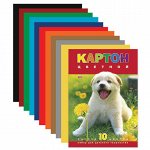 Картон цветной A4, 10 л.,10 цв., мелованный, в папке, HATBER VK «Белый щенок»