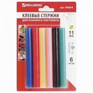 Клеевые стержни, диаметр 11 мм, длина 100 мм, цветные (ассорти), комплект 6 штук, BRAUBERG, блистер, 670316