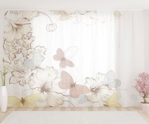 Фототюль Нарисованные  бабочки и цветы 2