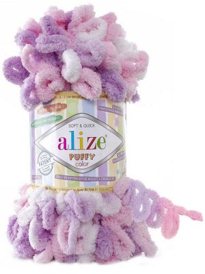 Пряжа Ализе Пуффи Колор Alize Puffy Color цвет №6051 белый розовый сиреневый