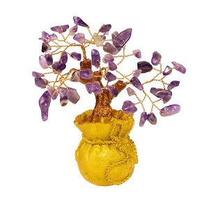 Дерево Аметист фиолетовый 15 см в золотом мешке натруальный камень