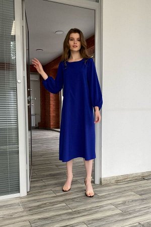 S2028 Платье струящееся с объёмными рукавами темно-синее