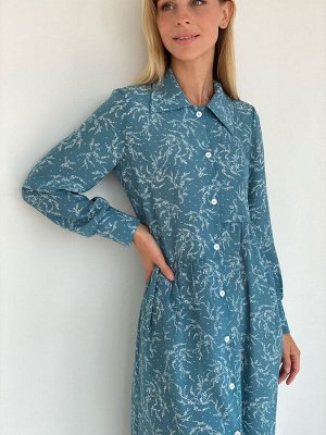 S2203 Платье-рубашка свободное с асимметричной линией талии голубое