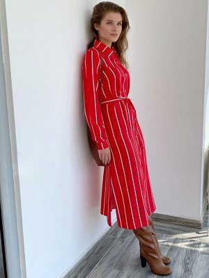 S2010 Платье-рубашка в широкую полоску красное