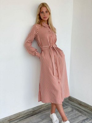 S1957 Платье в ёлочку-полосочку тёплого персикового цвета