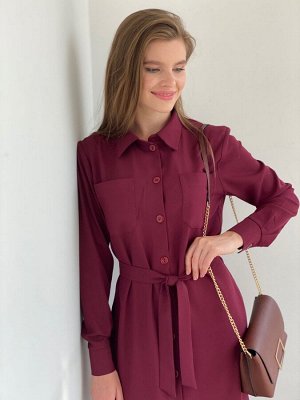 S1945 Платье-рубашка из крепа в цвете бордо