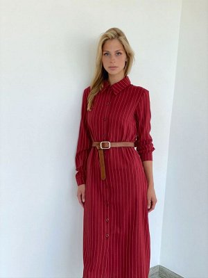 S2153 Платье-рубашка из плотного нежного хлопка тёмно-красное в полоску