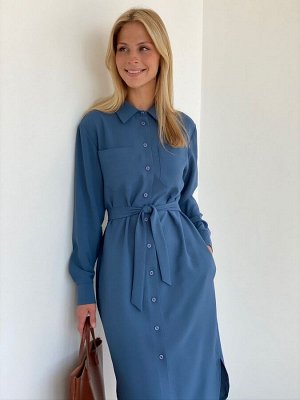 S2140 Платье-рубашка из крепа в мягком синем цвете
