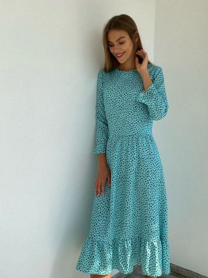 S2291 Трехъярусное платье длины "миди" с принтом polka dots бирюзовое