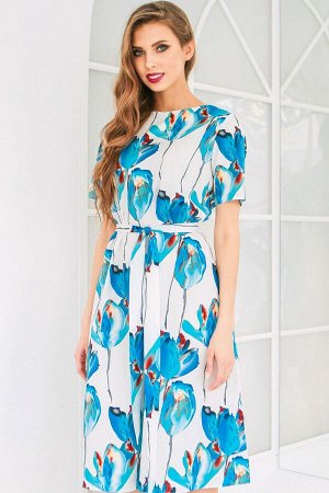 M302 Платье трапециевидное из хлопка (голубые цветы)