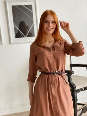 S1674 Платье-рубашка в полоску (коричневое)