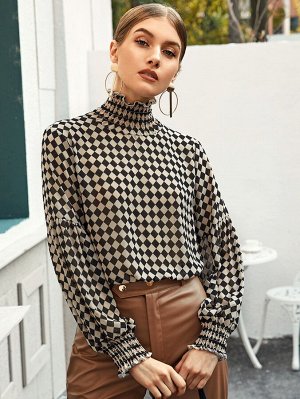 Frill Shirred High Neck Checkerboard Blouse