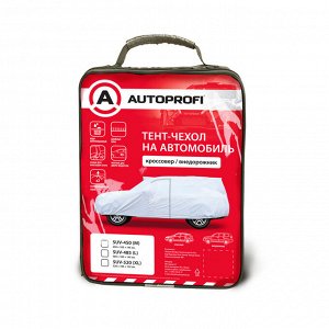 Чехол-тент на автомобиль AUTOPROFI, кроссовер (джип), водонепроницаемый, двойные швы, два вентиляционных окна, молния для двери водителя, 2 ремня для фиксации тента, 450х185х145 см., разм. М