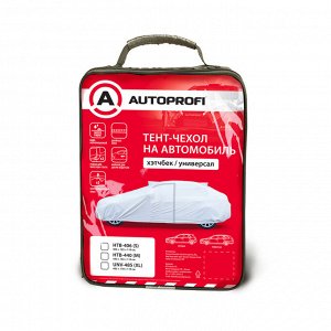 Чехол-тент на автомобиль AUTOPROFI, универсал, водонепроницаемый, двойные швы, два вентиляционных окна, молния для двери водителя, 2 ремня для фиксации тента, 485х178х119 см.  , разм. XL