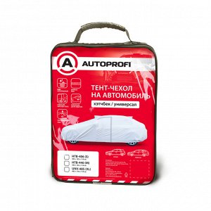Чехол-тент на автомобиль AUTOPROFI, хетчбек, водонепроницаемый, двойные швы, два вентиляционных окна, молния для двери водителя, 2 ремня для фиксации тента, 440х165х119 см., разм. М