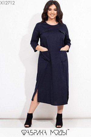 Платье миди с большими накладными карманами и разрезами по бокам X12712 Фабрика Моды