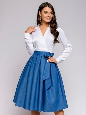 Платье бело-голубое с рубашечным верхом длины миди