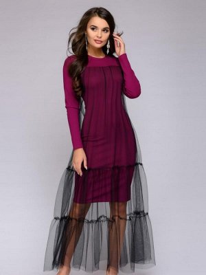 Платье ягодного цвета с сеткой и длинными рукавами