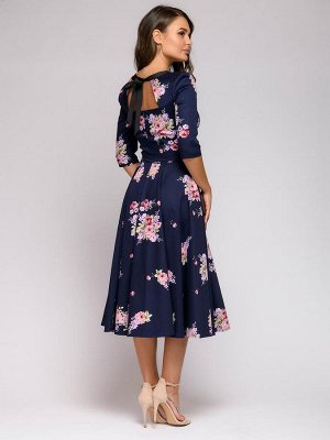 Платье длины миди темно-синее в стиле ретро с цветочным принтом