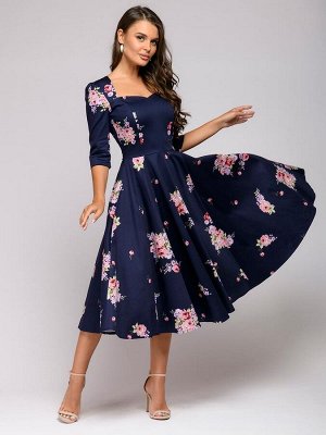 Платье длины миди темно-синее в стиле ретро с цветочным принтом
