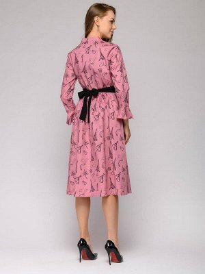 Платье розовое с принтом миди с воланами на рукавах