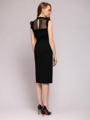 Платье-футляр черное с фатином в горошек