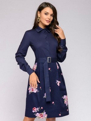 Платье темно-синее с рубашечным верхом и расклешенной юбкой с цветочным принтом