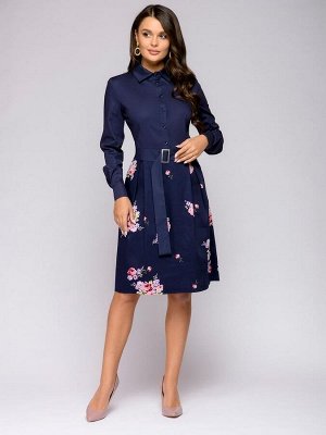 Платье темно-синее с рубашечным верхом и расклешенной юбкой с цветочным принтом