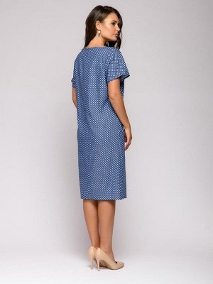 Платье синее в горошек с поясом и короткими рукавами