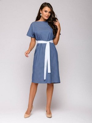 1001 Dress Платье синее в горошек с поясом и короткими рукавами