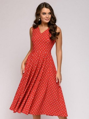 Платье красное в горошек длины миди с V-образным вырезом