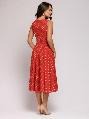 Платье красное в горошек длины миди с V-образным вырезом