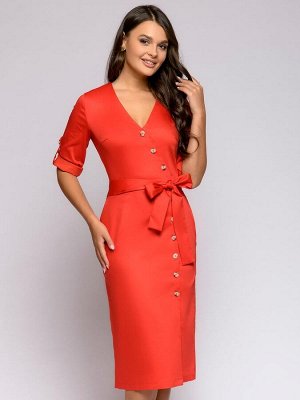 Платье красное длины миди на пуговицах с глубоким вырезом
