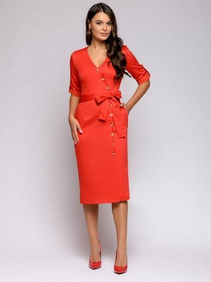 Платье красное длины миди на пуговицах с глубоким вырезом