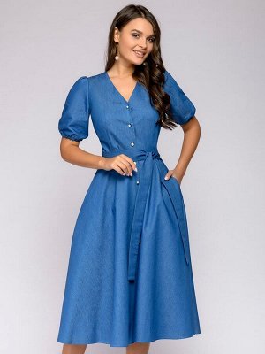 Платье голубое длины миди с пуговицами и рукавами "фонарик"