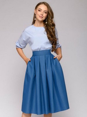 Платье голубое длины миди с рукавами "летучая мышь" и верхом в полоску