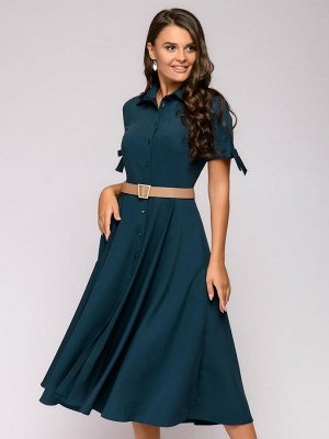 Платье-рубашка изумрудного цвета длины миди с короткими рукавами